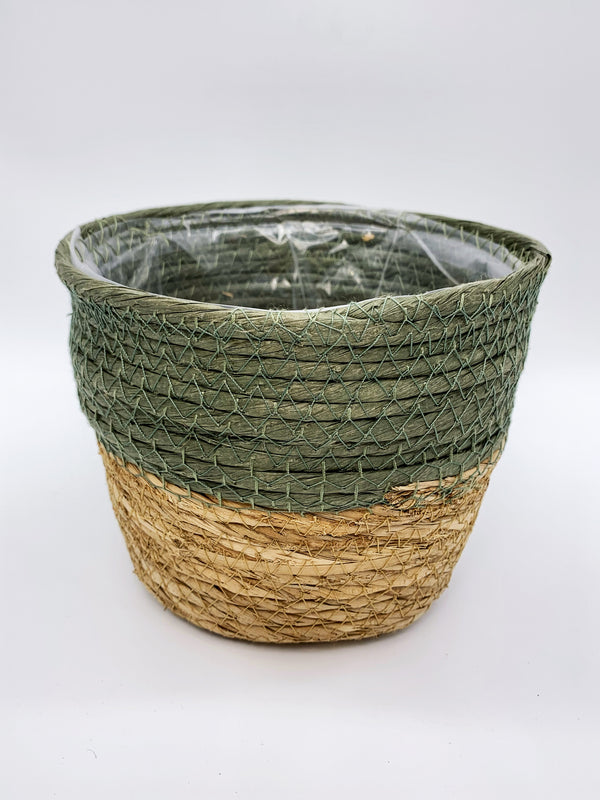 Green Trimmed Straw Pot 7"