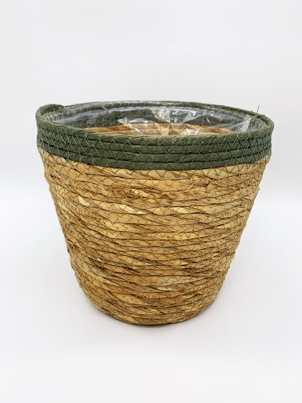 Green Trimmed Straw Pot 8"